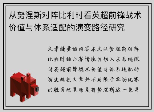 从努涅斯对阵比利时看英超前锋战术价值与体系适配的演变路径研究